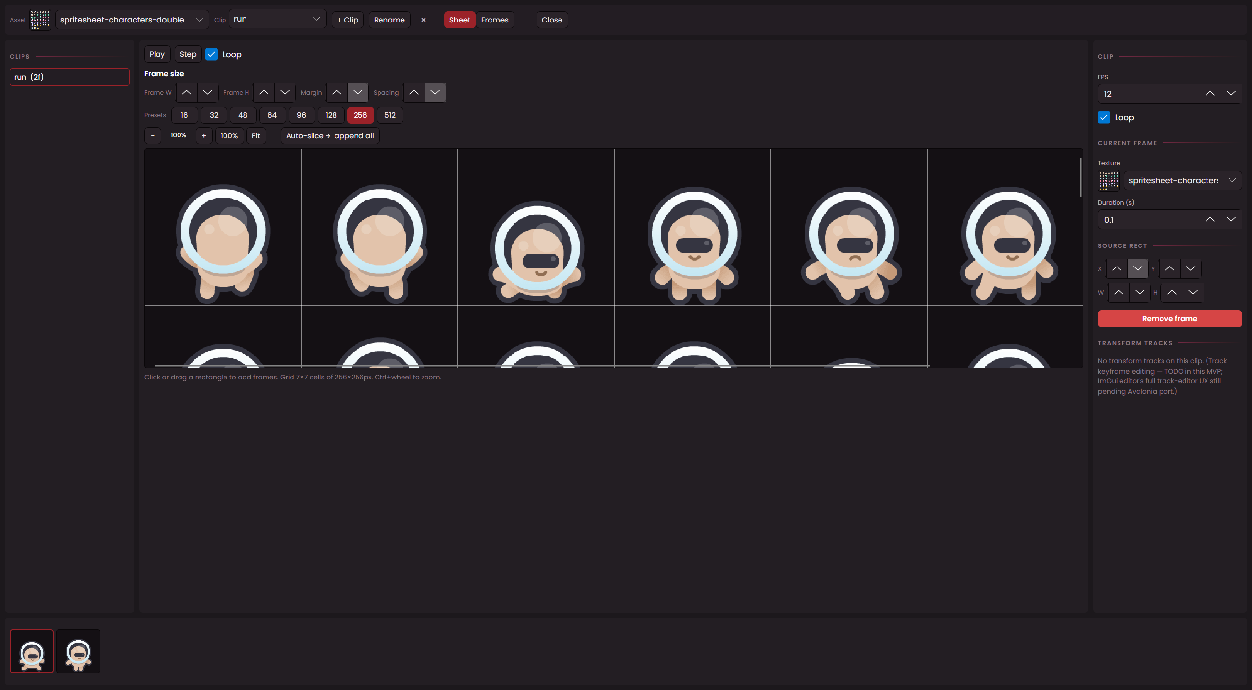 Animation Studio showing a sprite sheet of an astronaut character split into frames with clip, loop and FPS controls