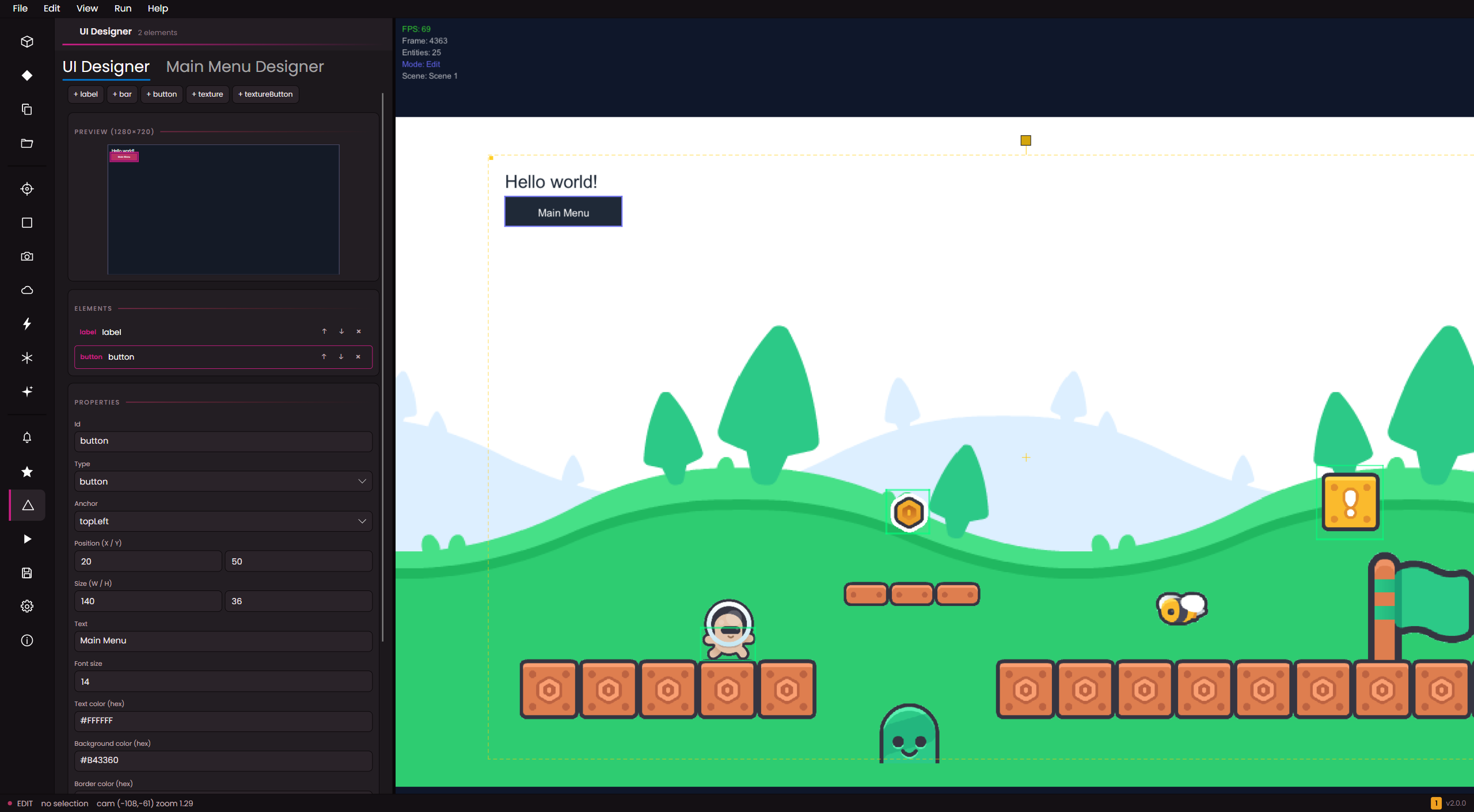 UI Designer building a Main Menu with a Hello world! label and a Main Menu button laid out over the game scene